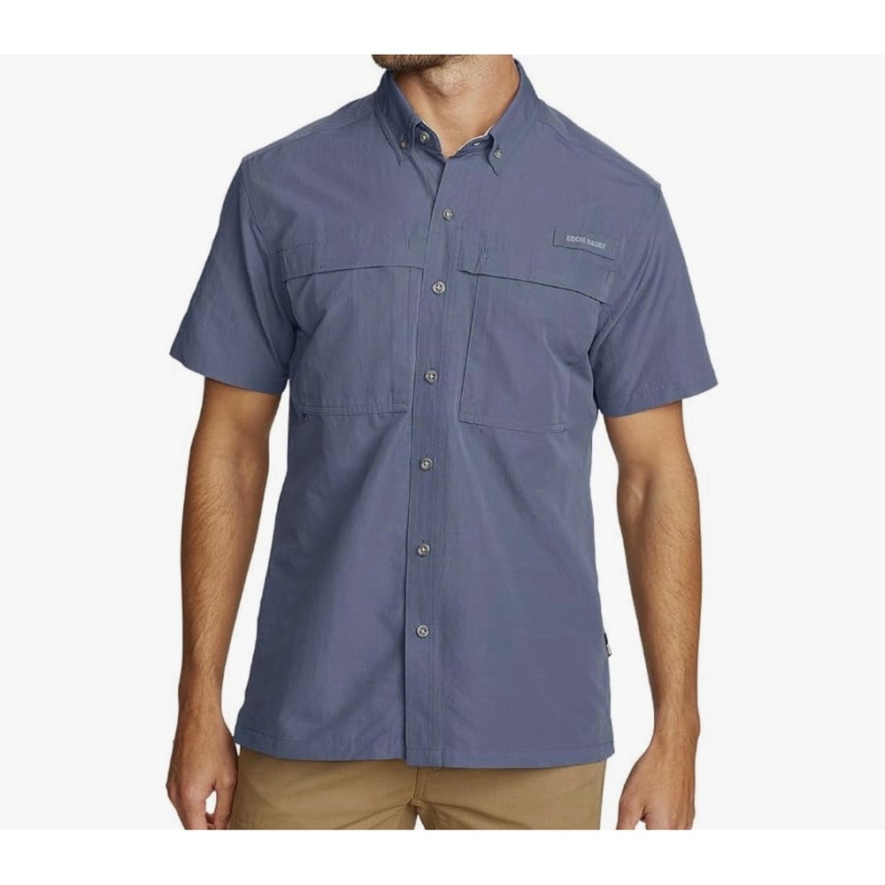 Eddie Bauer Sport Shop Rainier Ripstop Shirt Mens L Mulberry Blue UPF 50+ NEW
